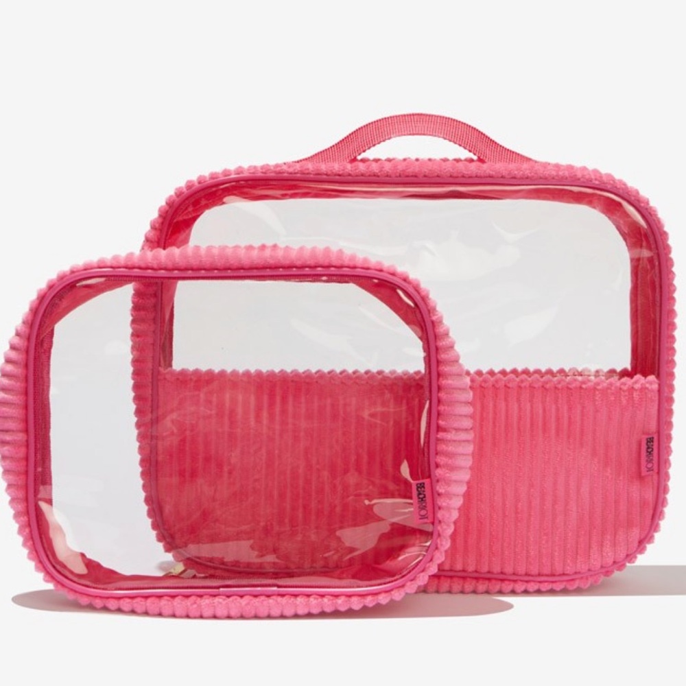 🆕WOT BEACH RIOT Corduroy Hot Pink Transparent Travel Duo Pouch Set